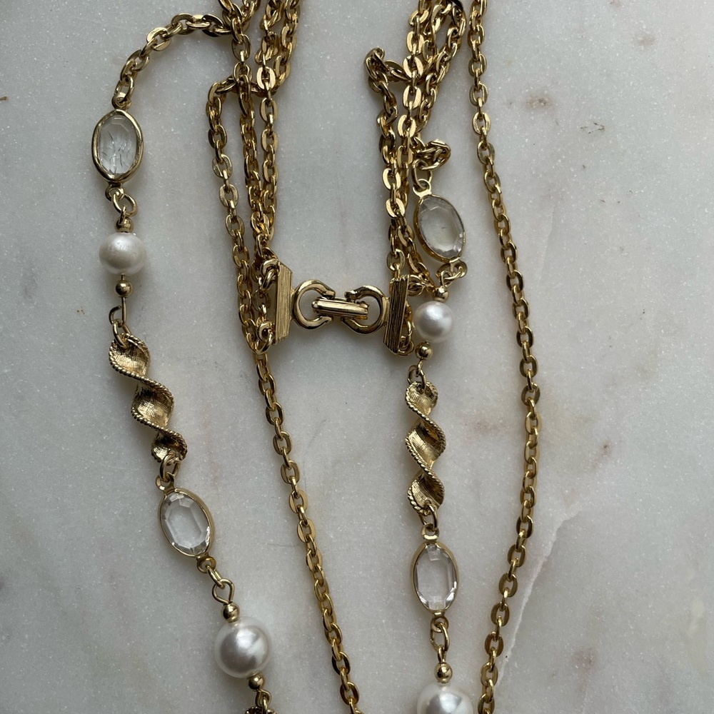Necklace - Gold color, pearl, glass stone, 37 inches long